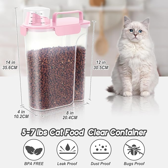 5-7Lbs Dog Cat Food Storage Container with Upgraded Large Nozzle BPA-free, 4 Snap Seals Plastic Pet Food Storage Containers with Handles (Light Pink, 5L-2pack)