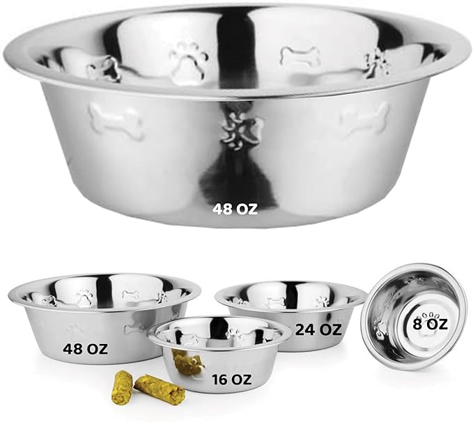 Palz&Co Stainless Steel Dog Bowl Embossed with Paw & Bone, Easy to Clean Pet Bowl for Food & Water, Perfect for Dog, Cat, Small Animals (Extra Large 48 Oz)