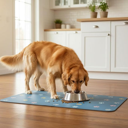 Pet Feeding Mat Absorbent Dog Mat for Food and Water Non Slip Quick Dry Dog Bowl Mats for Floors 27" X 17" Paw Lake Blue