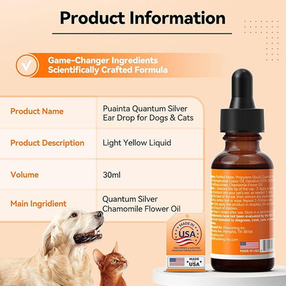 Dog Ear Drops with Finger Cots, Natural Dog Ear Cleaner and Infection Treatment, Quantum Silver Dog Ear Cleaning Solution for Itching, Irritation & Wax Build-Up,1oz