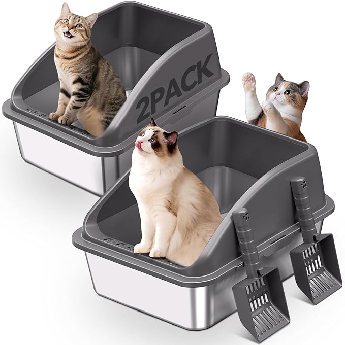2PACK Stainless Steel Cat Litter Box, 20" L x 13.8" W x12 H Metal Kitty Litter Box with Lid, Never Absorbs Odors, Leak-Proof, Non-Sticky, Easy to Clean, with Scoop