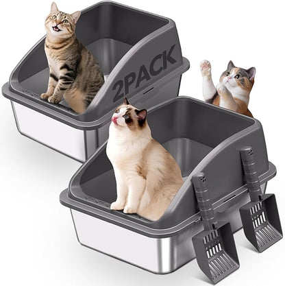 2PACK Stainless Steel Cat Litter Box, 20" L x 13.8" W x12 H Metal Kitty Litter Box with Lid, Never Absorbs Odors, Leak-Proof, Non-Sticky, Easy to Clean, with Scoop