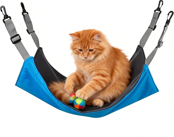 Adjustable Cage Hanging Cat Hammock, 4-Season 2-Sided Bed, Adjustable Waterproof Washable Cooling Mat for Large Kittens,Small Dogs & Rabbits (Blue)