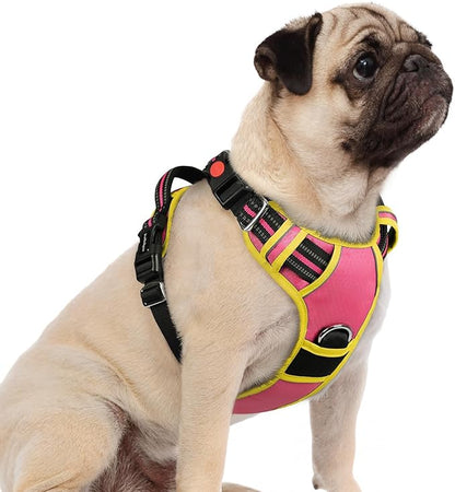 rabbitgoo Dog Harness Small Sized, No Pull Dog Vest with 3 Buckles, Adjustable Soft Padded Pet Harness with Easy Control Handle and Reflective Strips, Pink & Yellow, S