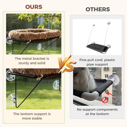 Cat Window Perch, Cordless Cat Hammock Window Seat with Sturdy Metal Frame Supports and 4 Strong Suction Cups (Brown, Long Hair)