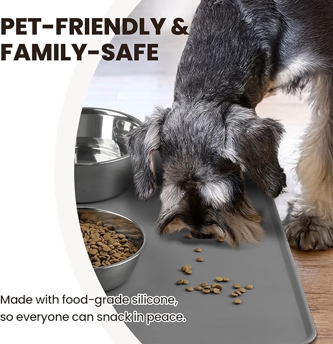 VIVAGLORY Dog Food Mat Flexmat Dog Bowl Mat, Placemat Food Tray with Raised Edges & Lip for Indoor Floor, Non Slip Waterproof Silicone Dish Placemat for Cat & Pet, L, Grey