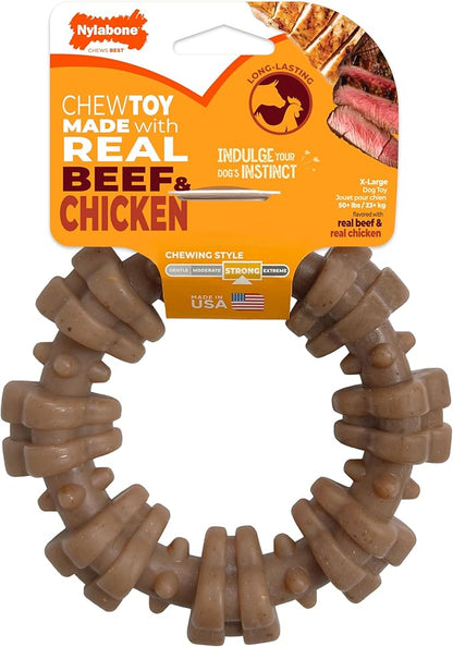Nylabone Strong Chew Textured Ring Dog Toy Made with Real Beef & Chicken, Durable Chew Toys for Aggressive Chewers, Long Lasting Dog Bone, Keeps Dogs Busy, X-Large Breeds - 50+ lbs