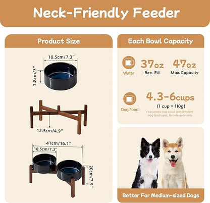 Ceramic 7.3inch Raised Double Dog Bowls Set with Acacia Wood Stand, Food & Water Bowls for Medium Breed Dogs, Weighted Pet Dishes(41oz, Starry Sky)