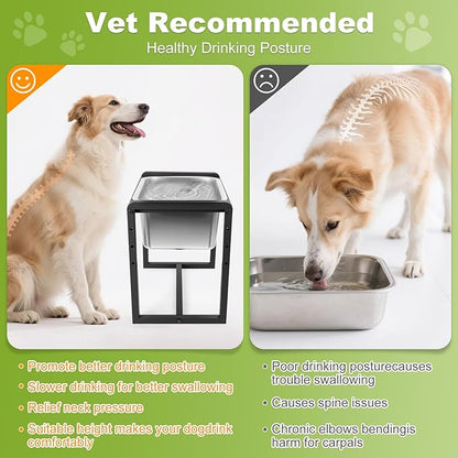 Adjustable Height Elevated Large Dog Water Bowls with Stainless Steel Bowls and Metal Stand，4-Level (8/10/12/14 Inches) Pet Bowl for Dogs for Large Medium Dogs - Durable, Easy to Clean (2gallon)