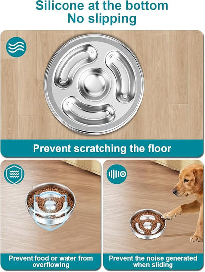 Slow Feeder Dog Bowl Stainless Steel，8-inch Diameter Dog Slow Feeder Bowl，Heavy Duty with Non-Slip Rubber Base，2Cups Capacity for Medium & Large Dog.Thick and Heavy Edition