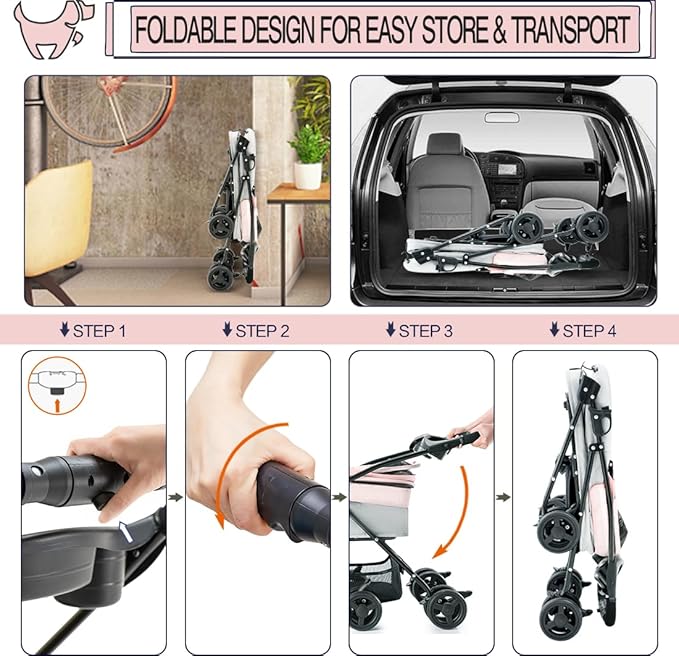 3-in-1 Pet Stroller for Small Dogs and Cats, Folding Lightweight Dog Stroller with Detachable Carrier Portable Cat Puppy Jogging Stroller with Cup Holder and Storage Basket, 4 Wheels