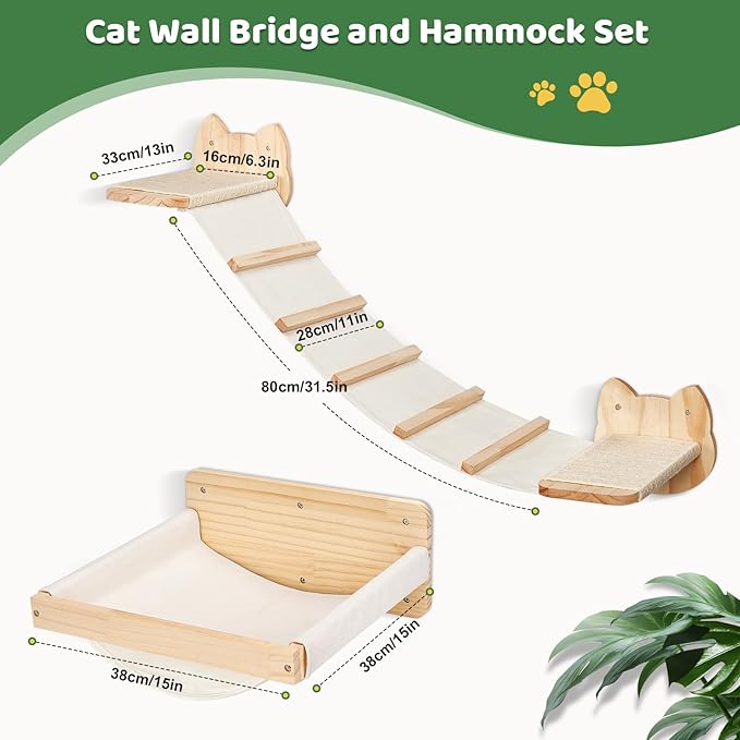 Cat Wall Shelves and Hammock Set, Cat Bridge Wall-Mounted with Climbing Steps and Sisal Roped Scratch Perch, Multi-Level Cats Walls Furniture Bed for Indoor Cats