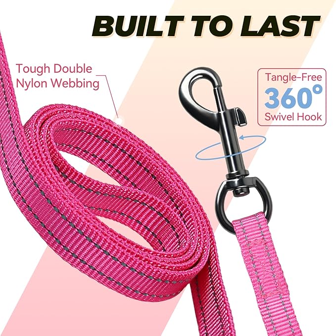 VIVAGLORY Dog Leash Twingrip Double Handle Dog Leash with Traffic Handle Control & 2 Loop for Walking & Training, Reflective Heavy Duty for Puppy Pet Collar, 4ft x 1/2in, Pink