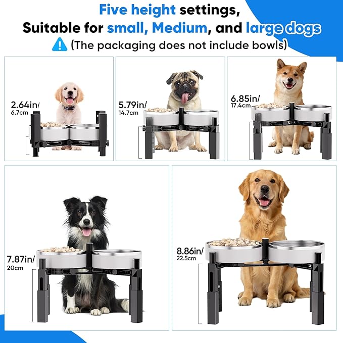 Aystkniet Dog Bowl Stand with Adjustable Height & Width, Anti-Slip Elevated Food Water Bowl Holder for Large Medium Small Dogs, Durable Raised Dog Feeder for Lifted Feeding, Only Stand Without Bowls