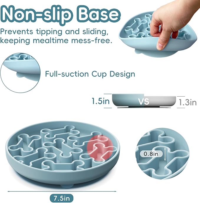 Silicone Slow Feeder Dog Bowl – Sky Blue Bone Pattern | Food-Grade Non-Slip Dog Dish for Anti-Bloat, Fast Eating Prevention, 7.5” x 1.5”, Dishwasher Safe