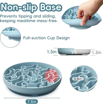 Silicone Slow Feeder Dog Bowl – Sky Blue Bone Pattern | Food-Grade Non-Slip Dog Dish for Anti-Bloat, Fast Eating Prevention, 7.5” x 1.5”, Dishwasher Safe