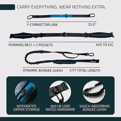 FITLY Dog Running Waist Belt - Running Dog Lead - Canicross Harness Carry Personal Items Running, Walks, Hikes - Waist Leads for Dogs with Belt Pouch, Converts into Canicrossing Line - Emerald Blue