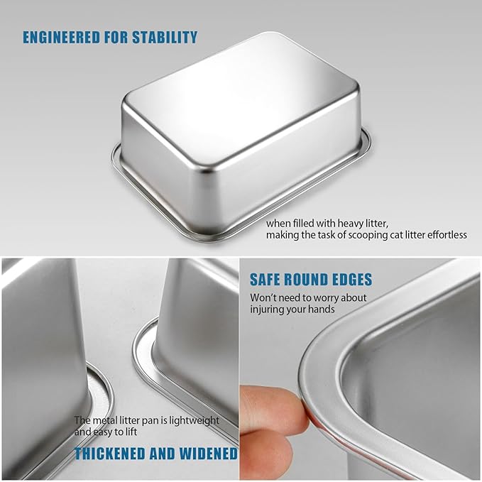 Stainless Steel Cat Litter Box, Metal High Sided Kitty Large Litter Box Pan,Non-Sticky, Easy to Clean, Pet Toilet Supplies for Kitten, Rabbit (Silver, 17.7" x13.8" x6")