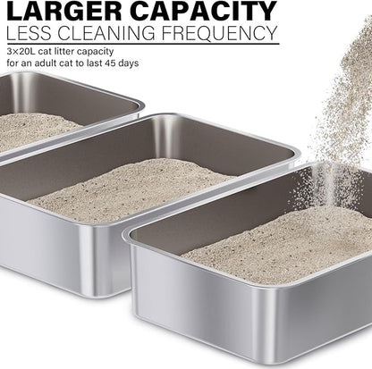 Stainless Steel Litter Box 3 Pack, 23.6" X 15.7" X 6" Extra Large Cat Litterbox No Smell, XL Metal Litter Box for Big Kitty, Multiple Cats, Non Stick, Easy Cleaning
