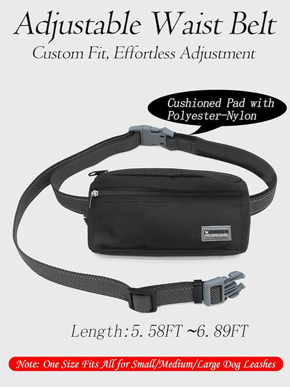 Hands Free Dog Leash with Zipper Pouch & Waist Belt – Reflective Durable Bungee Leash with Dual Padded Handles for Walking, Jogging & Running, Fits Small to Large Dogs (Black)