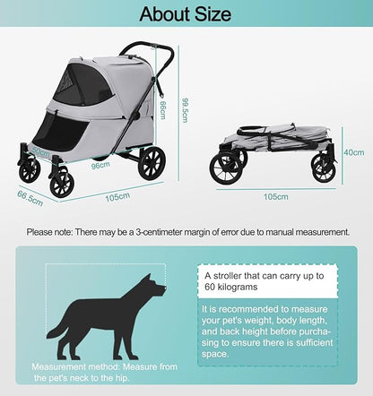 Pet Stroller with Ramp for Large Dogs up to 132lbs, Large Pet Gear for Multiple Dogs/Cats, All-Terrain with Mesh Dual-Window & NO-Zip, Removable Mattress & Slope Pad (Gray)