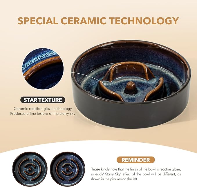 Ceramic 0.9 Cup Raised Slow Feeder Dog Bowl Set, Elevated 6.1inch Water Bowl and 6.1inch Slow Dish with Acacia Wood Stand for Small Dogs (2 x Starry Sky+ Stand)