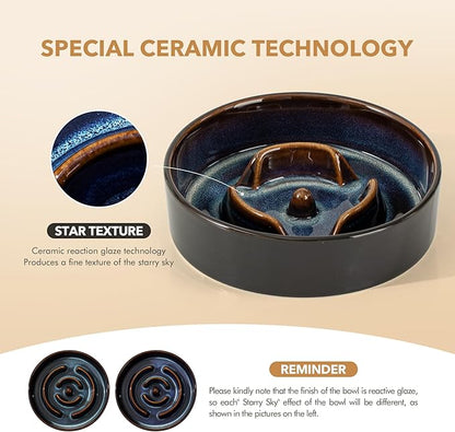 Ceramic 0.9 Cup Raised Slow Feeder Dog Bowl Set, Elevated 6.1inch Water Bowl and 6.1inch Slow Dish with Acacia Wood Stand for Small Dogs (2 x Starry Sky+ Stand)