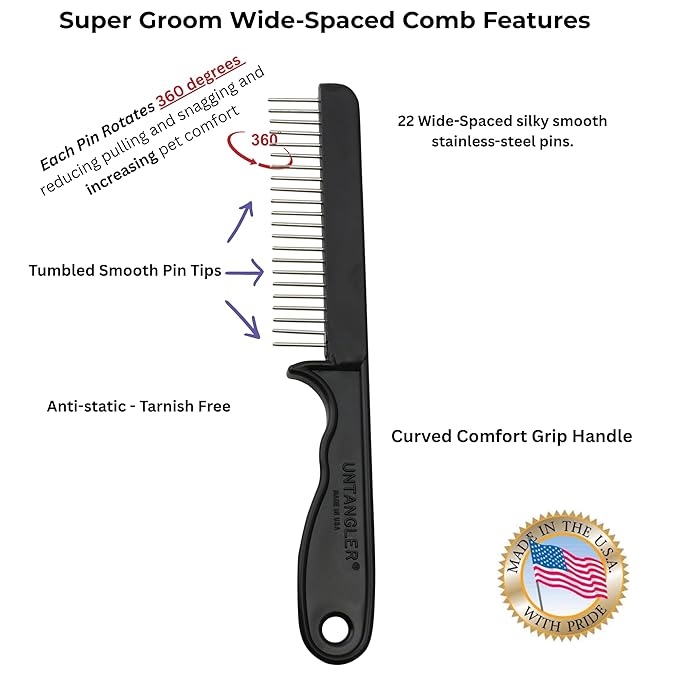 Super-Groom Combs with Smooth Rotating teeth for Painless Mat Removal (Black, 22 Coarse-Teeth)