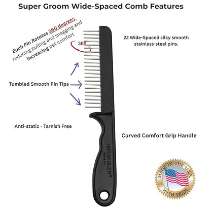 Super-Groom Combs with Smooth Rotating teeth for Painless Mat Removal (Black, 22 Coarse-Teeth)