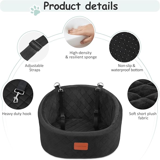 Lealchum Dog Car Seat for Small Dogs Up to 30 Lbs,Ultra Soft Fabric Fill in Comfy Memory Foam,Happy Pet Ride,2 Safety Dog Leashes,Fully Detachable and Washable,Anti Slip Base(Black)