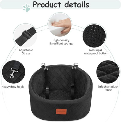 Lealchum Dog Car Seat for Small Dogs Up to 30 Lbs,Ultra Soft Fabric Fill in Comfy Memory Foam,Happy Pet Ride,2 Safety Dog Leashes,Fully Detachable and Washable,Anti Slip Base(Black)