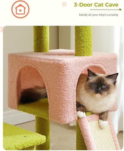 Flower Cat Tree 47.2" Multi-Level Cat Tower with Sisal Covered Scratching Posts, Cute Cat Condo for Indoor Small Medium Cats, Pink Top Perch, Fluffy Ball, Pink