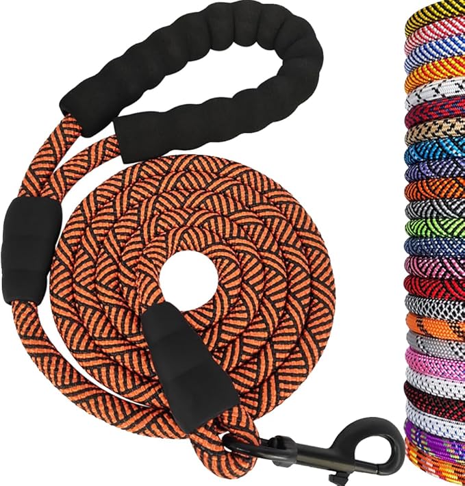 MayPaw Heavy Duty Rope Dog Leash, 6FT Nylon Pet Leash, Soft Padded Handle Thick Lead Leashes for Large Medium Dogs Walking Training (Orange Black line, 1/2" * 6')