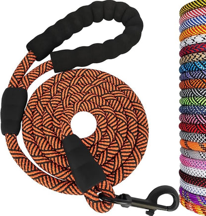MayPaw Heavy Duty Rope Dog Leash, 6FT Nylon Pet Leash, Soft Padded Handle Thick Lead Leashes for Large Medium Dogs Walking Training (Orange Black line, 1/2" * 6')