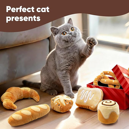 CiyvoLyeen Bread Catnip Toys, Cat Toy for Indoor Interactive Toys, Kitten Chew Bite Kick Toy Baguette Croissant Pretzel Toast Bun Cinnamon Roll Plush Catmint Pet Birthday Presents 6 Pack