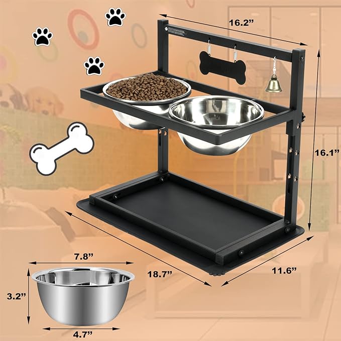 Elevated Dog Bowls, Raised Stand for Large and Medium Dogs, Adjustable Height With Two 58oz Stainless Steel Food Bowls and Spill Proof Mat