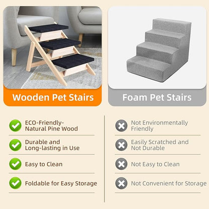 Dog Stairs/Ramp for Bed, Wooden 2-in-1 Foldable Pet Stairs & Ramp, Portable Dog Ladder Up to 180 Pound for Elderly/Short-Legged Dogs, 3 Steps for Beds, Couch, Cars