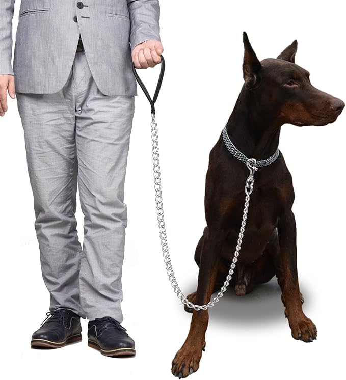 CtopoGo Premium Chain Heavy Duty Dog Leash - Soft Padded Leather Handle Lead - Perfect Basic Leashes Specifically Designed for Over 30KG Large Size Pets Walking (4 ft. x 5.0 mm (60-200 lbs.))