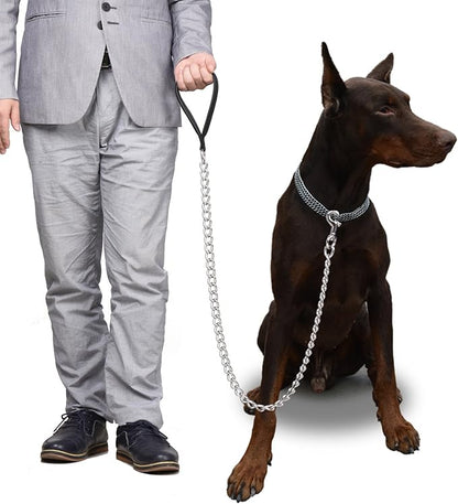 CtopoGo Premium Chain Heavy Duty Dog Leash - Soft Padded Leather Handle Lead - Perfect Basic Leashes Specifically Designed for Over 30KG Large Size Pets Walking (4 ft. x 5.0 mm (60-200 lbs.))