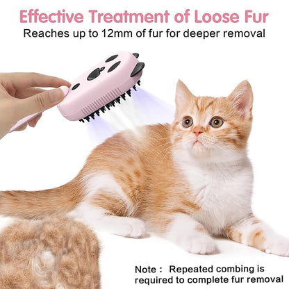 Cat Steam Brush for Shedding, 3-in-1 Rechargeable Pet Steaming Tool for Cats and Dogs, Misting Grooming Brush for Removing Loose Hair Tangled and Flying Fur, Skin-Friendly Silicone Bristles Pink