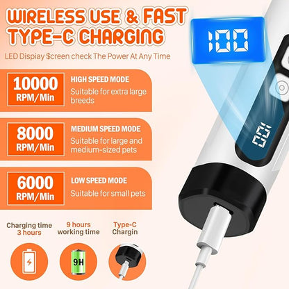 Dog Nail Grinder Electric Powerful 3 Speeds Dog Nail Clippers with Lights Quiet Cat Nail Clipper Painless Care Trimmers Tools for Small Medium Large Dogs and Cats (Black)