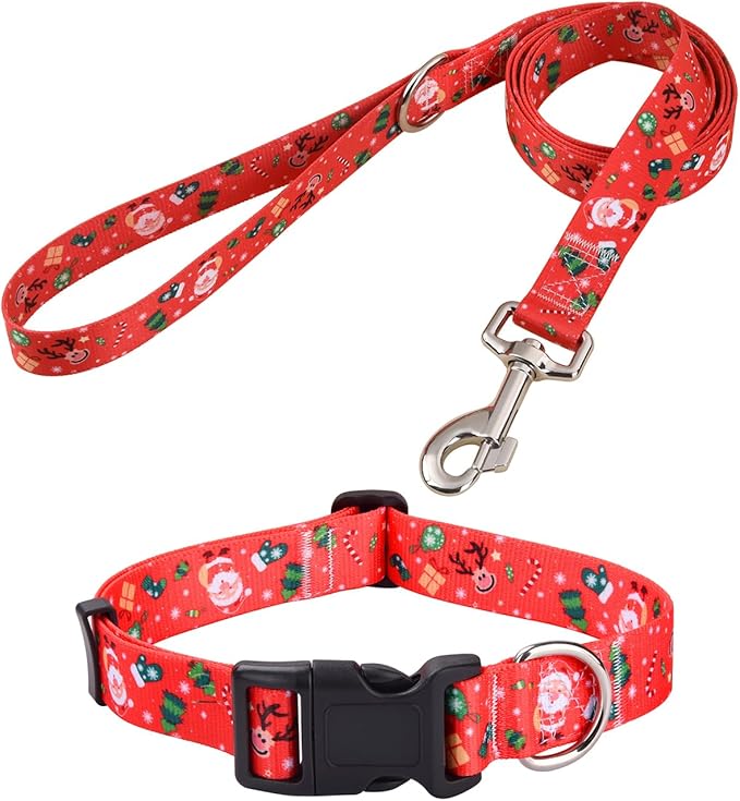 Christmas Dog Collar and Leash Set - Premium Adjustable Dog Collar for Small Medium Large Dogs (Christmas Set,S)