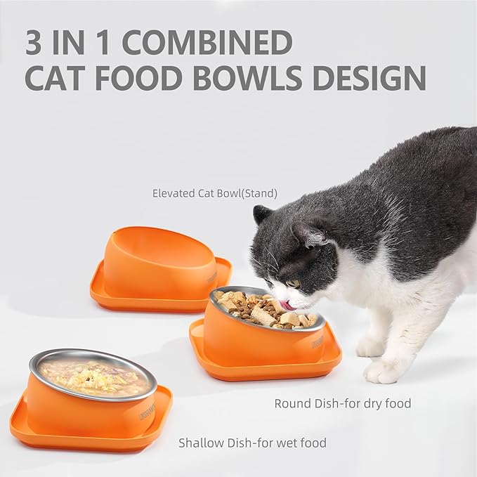 Elevated Cat Food Bowl, Tilted Feeding Stand, Whisker Friendly, Slanted Flat Plastic Feeder, Orange
