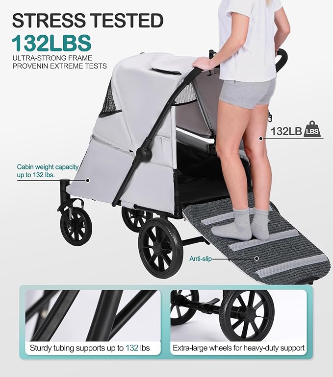 Pet Stroller with Ramp for Large Dogs up to 132lbs, Large Pet Gear for Multiple Dogs/Cats, All-Terrain with Mesh Dual-Window & NO-Zip, Removable Mattress & Slope Pad (Gray)