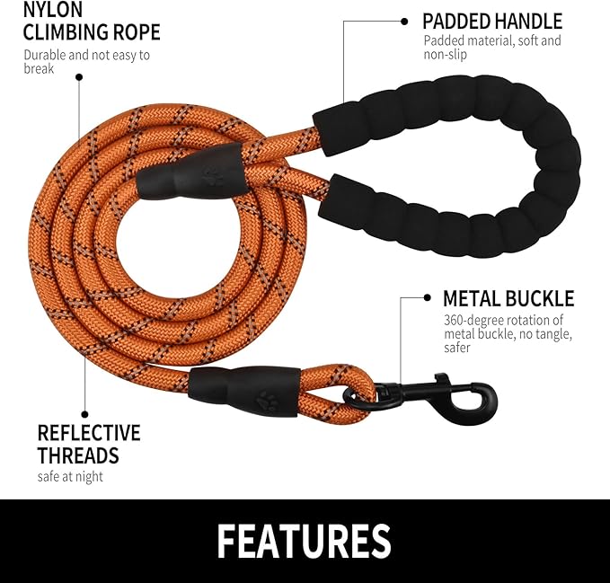 5/6 FT Strong Pet Dog Leash with Soft Padded Handle,Highly Reflective Rope for Night Walking,360-Degree Rotating Metal Buckle Without Tangles,Suitable for Small,Medium and Large Dogs.(6ft)