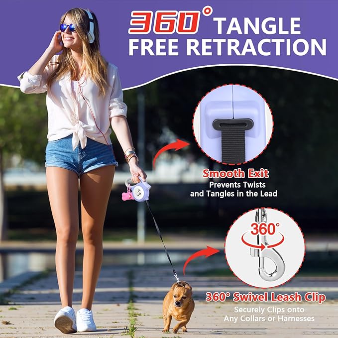 Retractable Dog Leash with LED Light Makife 5m Extendable Dog Lead for Small Medium Puppis up to 25kgs, One-Hand Brake & Lock System, Ergonomic Handle - Purple