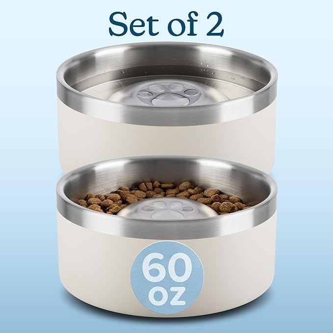 Set of 2 Stainless Steel Slow Feeder Dog Bowls - 60oz or 7.5 Cups Double Wall Insulated Food and Water Bowls for Dogs - Non Slip Metal Pet Dishes for Medium to Large Sized Pets by PETMAKER (Cream)