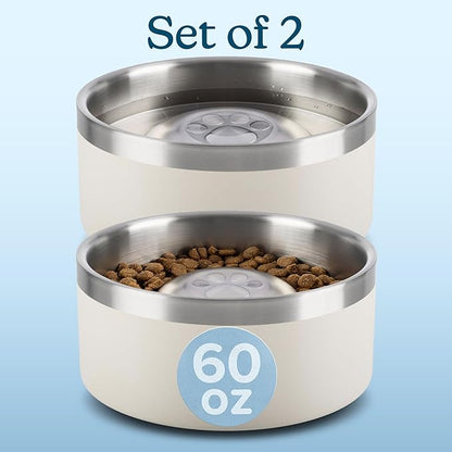 Set of 2 Stainless Steel Slow Feeder Dog Bowls - 60oz or 7.5 Cups Double Wall Insulated Food and Water Bowls for Dogs - Non Slip Metal Pet Dishes for Medium to Large Sized Pets by PETMAKER (Cream)