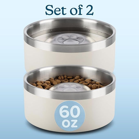 Set of 2 Stainless Steel Slow Feeder Dog Bowls - 60oz or 7.5 Cups Double Wall Insulated Food and Water Bowls for Dogs - Non Slip Metal Pet Dishes for Medium to Large Sized Pets by PETMAKER (Cream)