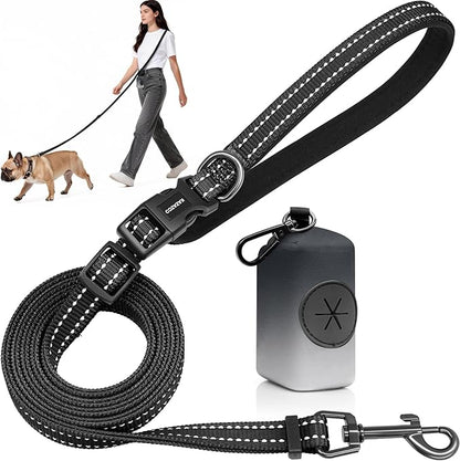 Kazazoo Hands-Free Dog Leash with Poop Bag Holder, Adjustable 4-7 Ft Waist for Dog Walking, Running for Small & Medium Dogs with Reflective Strips, Nylon Waist Belt, Black